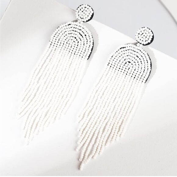 Long Boho White Beaded Tassel Fringe Dangling Drop Fan Chandelier Post Earrings - Picture 2 of 7